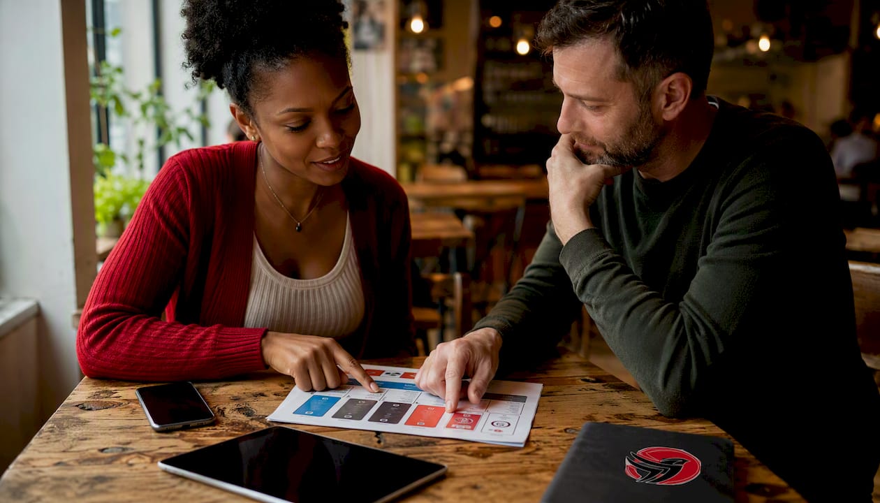 Hands comparing safety app features over documents