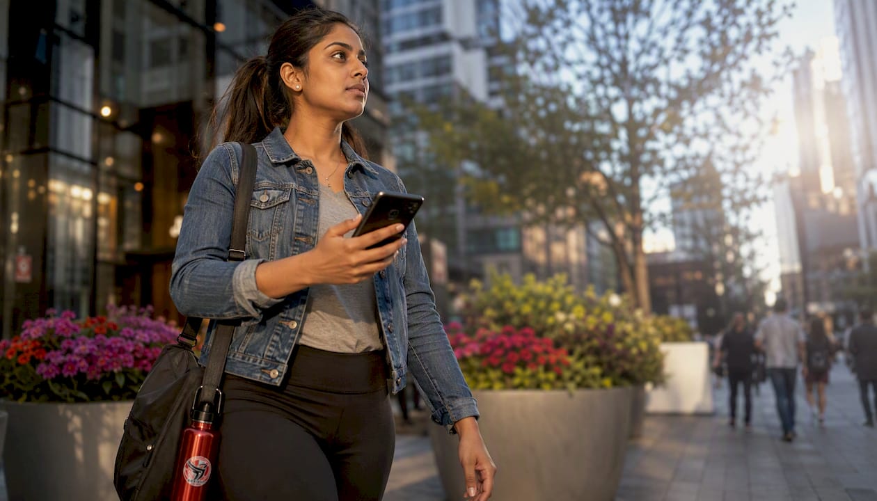 Woman using safety app in parking garage