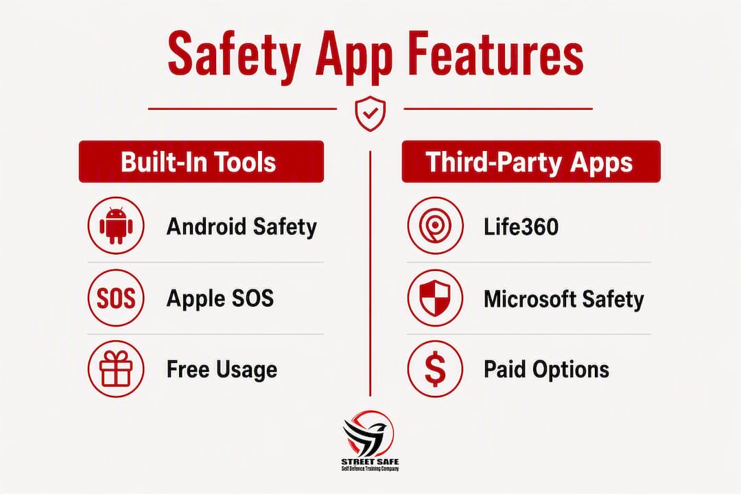 Infographic comparing types of safety app features