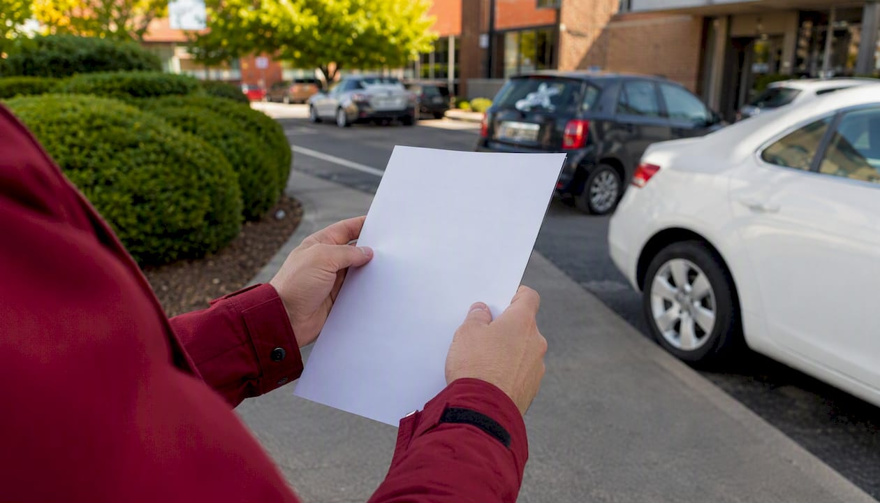 Hands holding parking lot safety checklist at dusk