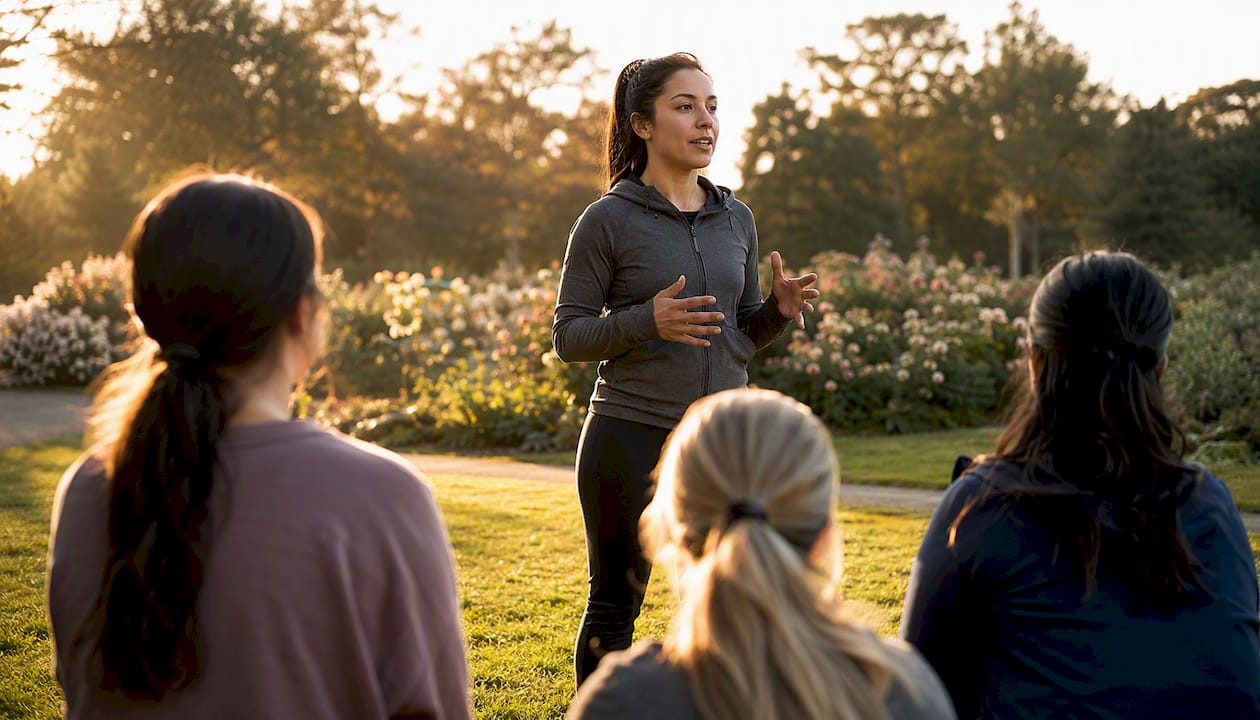 Person calmly speaking to de-escalate conflict outdoors