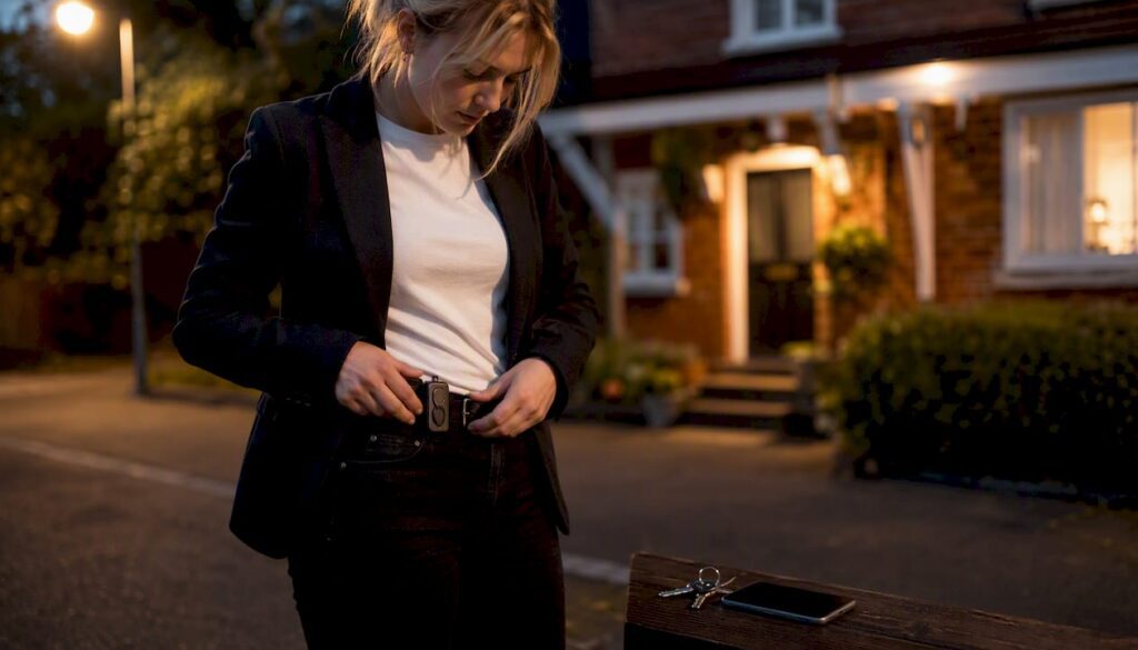 Field worker checking personal safety device outdoors
