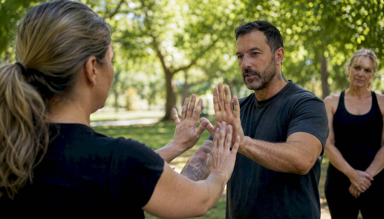 Participants rehearsing de-escalation moves in training