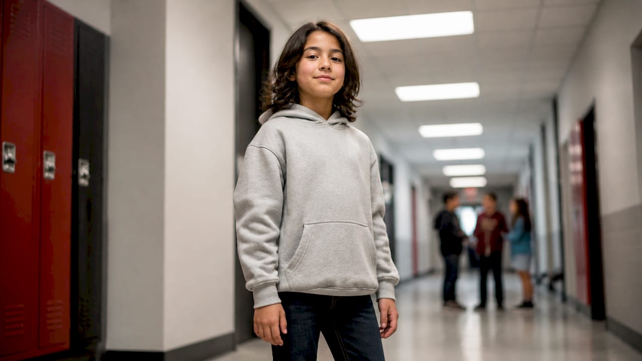 Child demonstrating assertive angled posture in school corridor