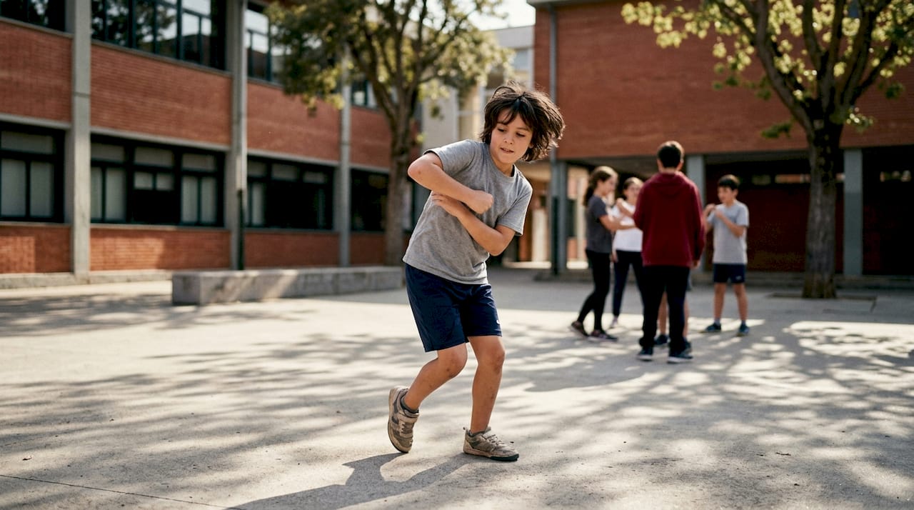 Child practicing self-defense escape move in school hallway