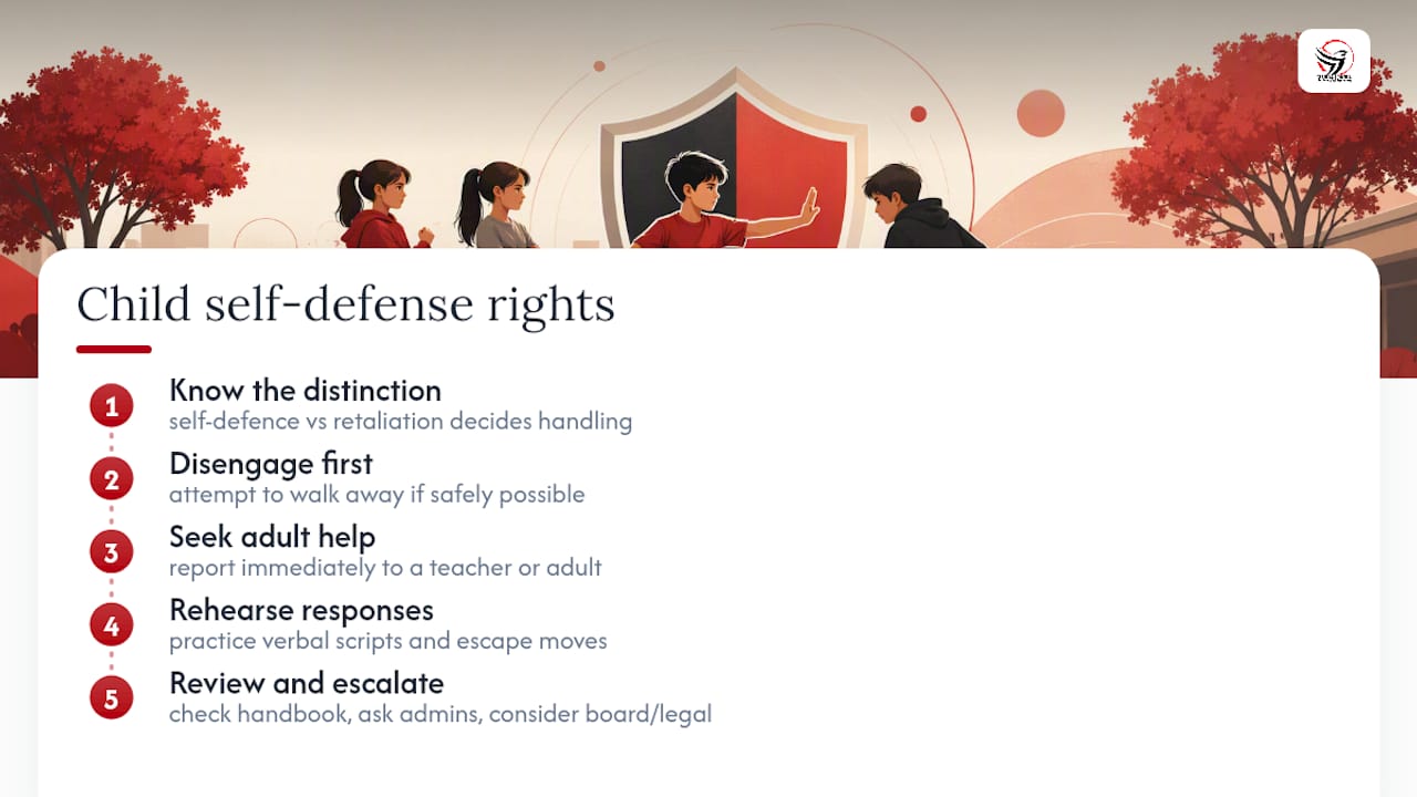 What are a child's legal rights around self-defense at school? — overview diagram