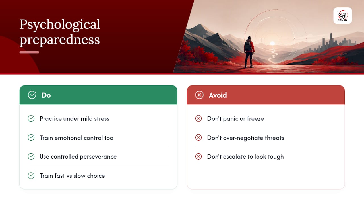 Psychological preparedness and mindset for high-stress escape scenarios — overview diagram