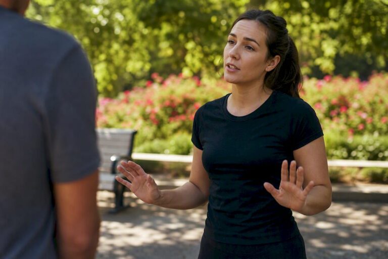 Professional calm open hand gestures for de-escalation