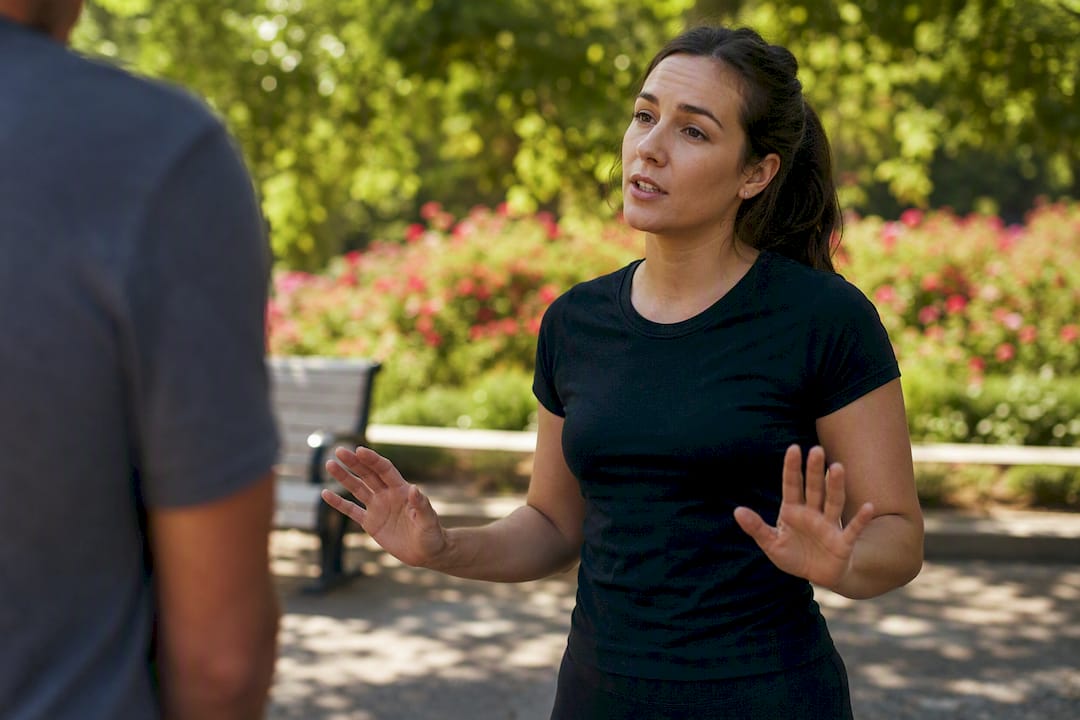 Professional calm open hand gestures for de-escalation