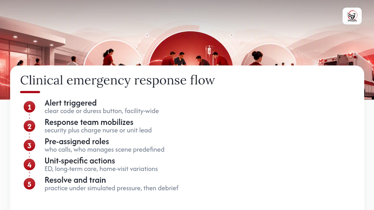 Diagram of healthcare emergency response protocol steps and roles
