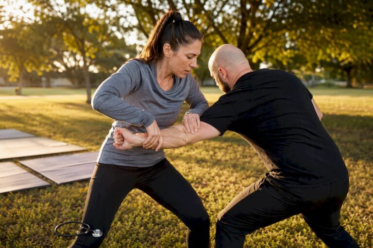 Healthcare worker practicing self-defense breakaway