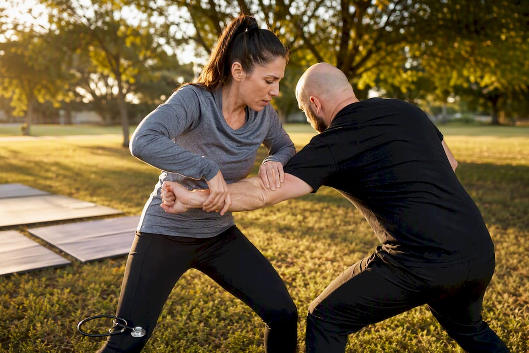 Healthcare worker practicing self-defense breakaway