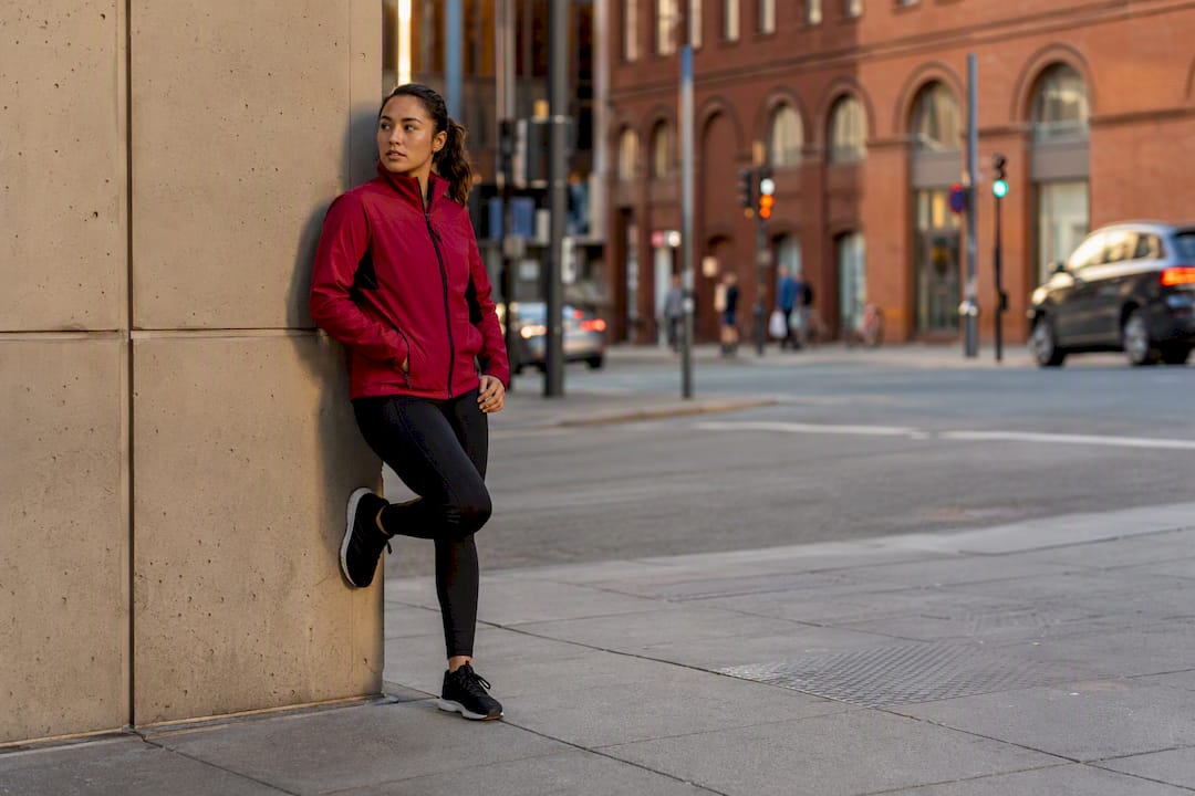 Person calmly scanning urban environment