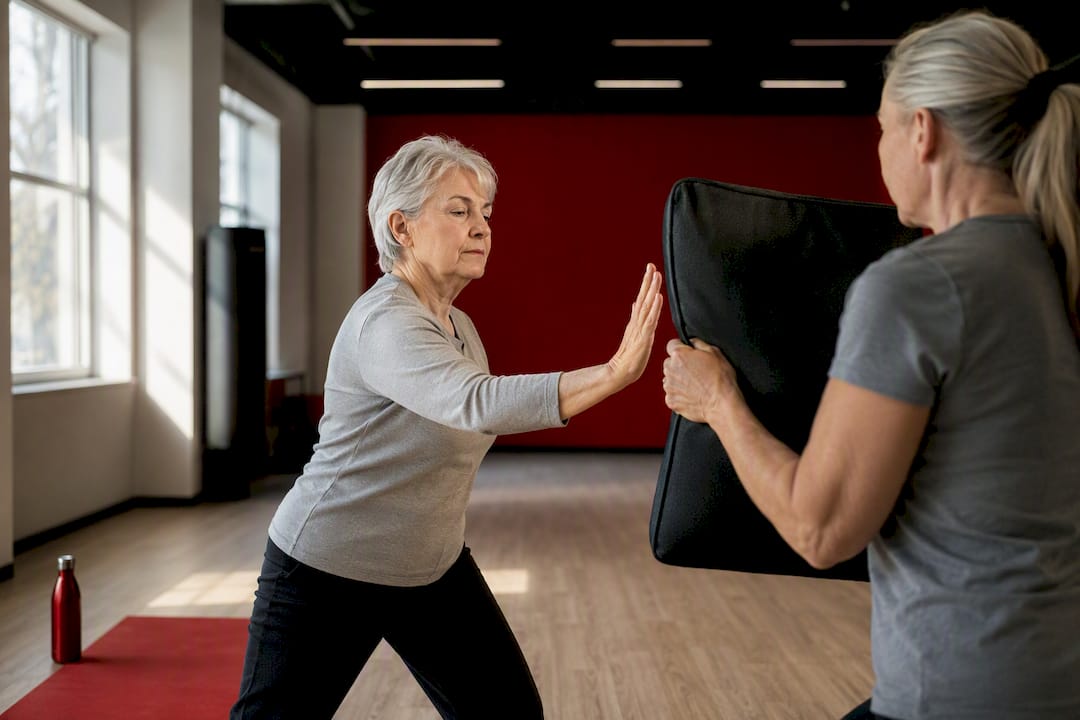Senior practising controlled palm heel strike