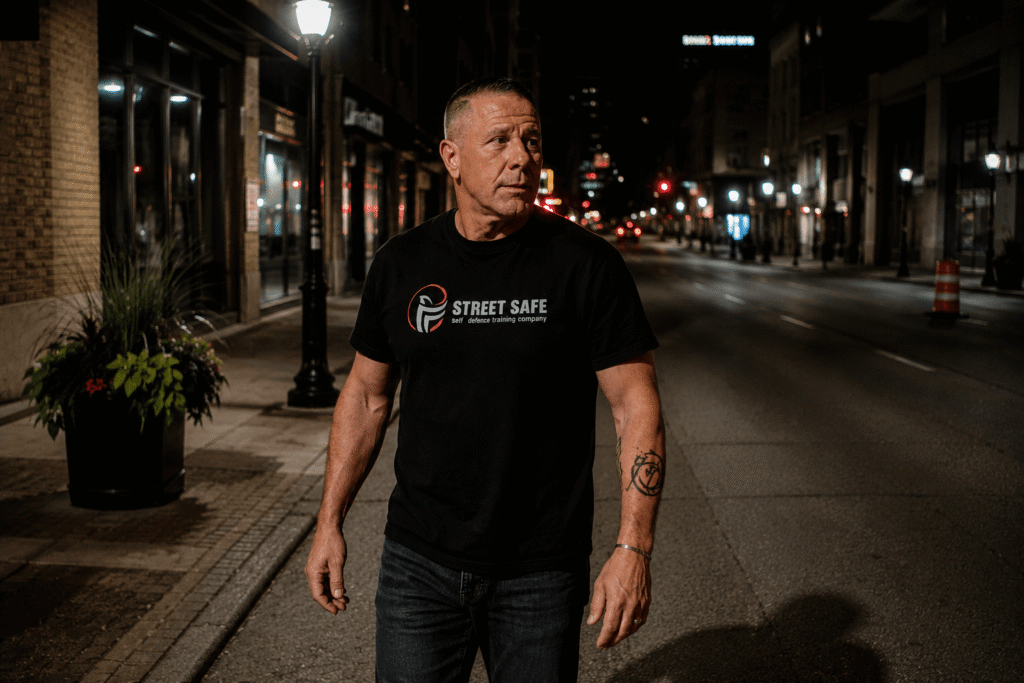 Rob Andress of Street Safe Self Defence demonstrating situational awareness and threat recognition while walking on a city street at night.