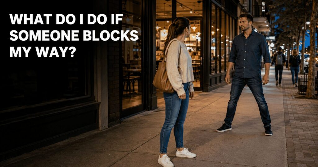 Woman maintaining distance as a man deliberately blocks her path on a public sidewalk.