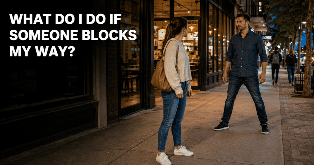 Woman maintaining distance as a man deliberately blocks her path on a public sidewalk.