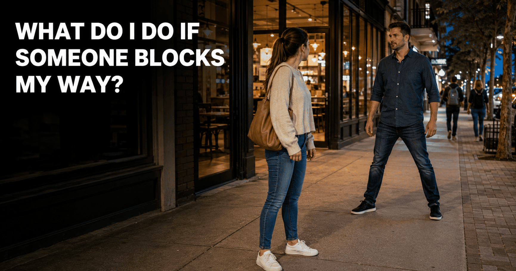 Woman maintaining distance as a man deliberately blocks her path on a public sidewalk.
