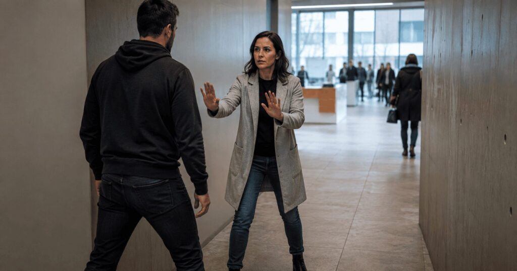 Woman uses open hands and maintains distance after a man blocks her way in a public hallway.