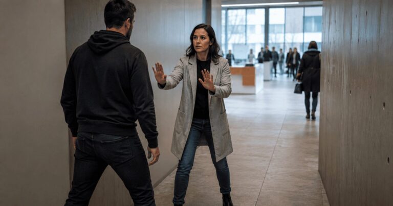 Woman uses open hands and maintains distance after a man blocks her way in a public hallway.