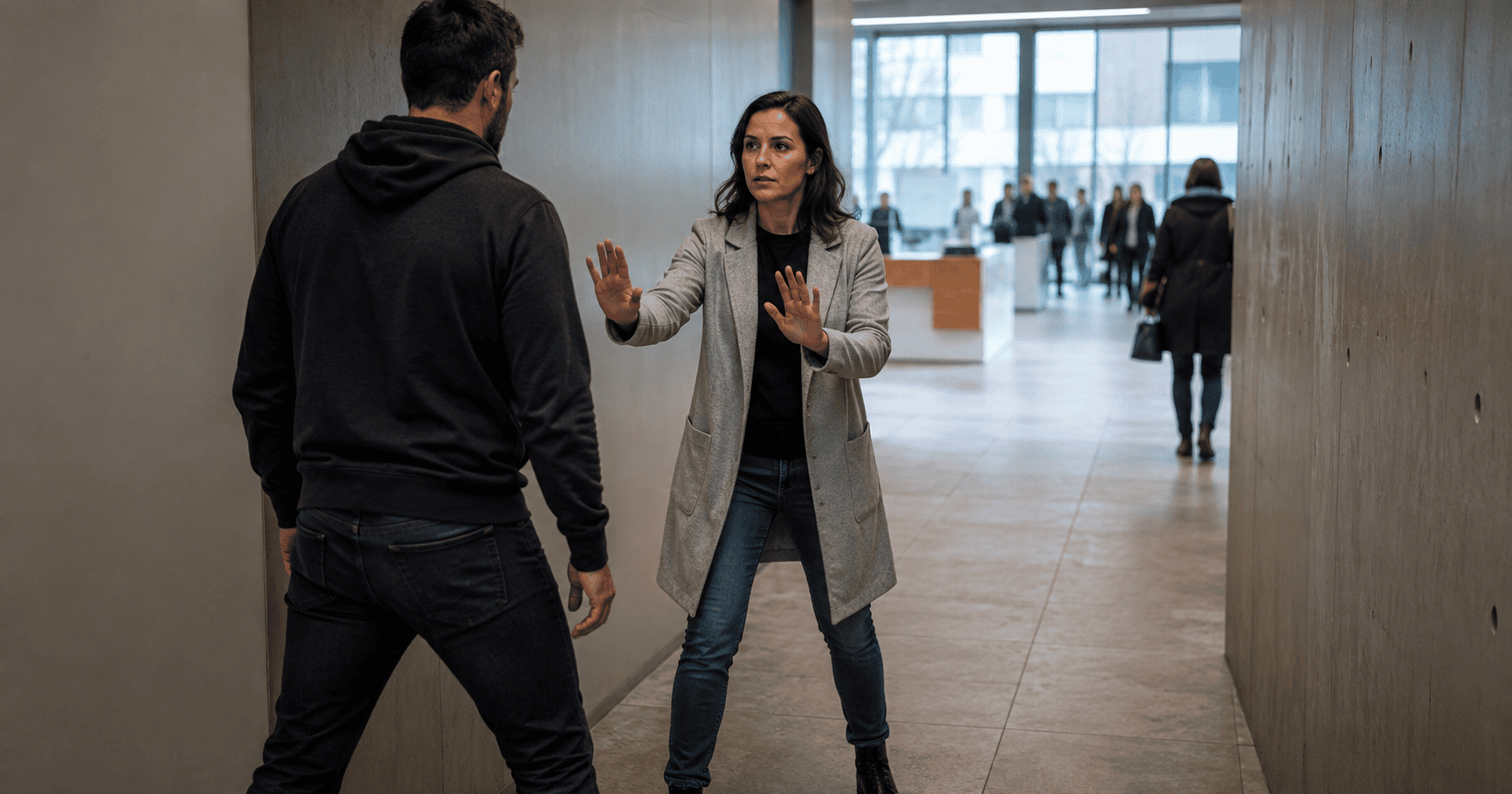 Woman uses open hands and maintains distance after a man blocks her way in a public hallway.