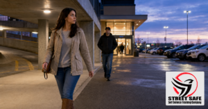 Alert woman moves toward a brightly lit entrance after noticing a man following her between a covered parking garage and an open parking lot.