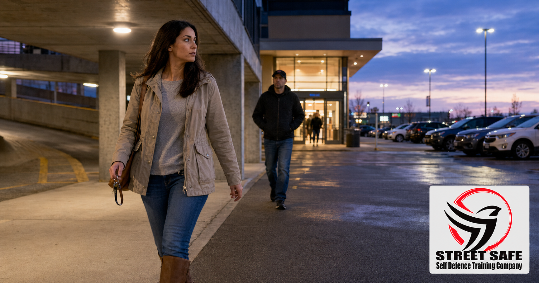 Alert woman moves toward a brightly lit entrance after noticing a man following her between a covered parking garage and an open parking lot.