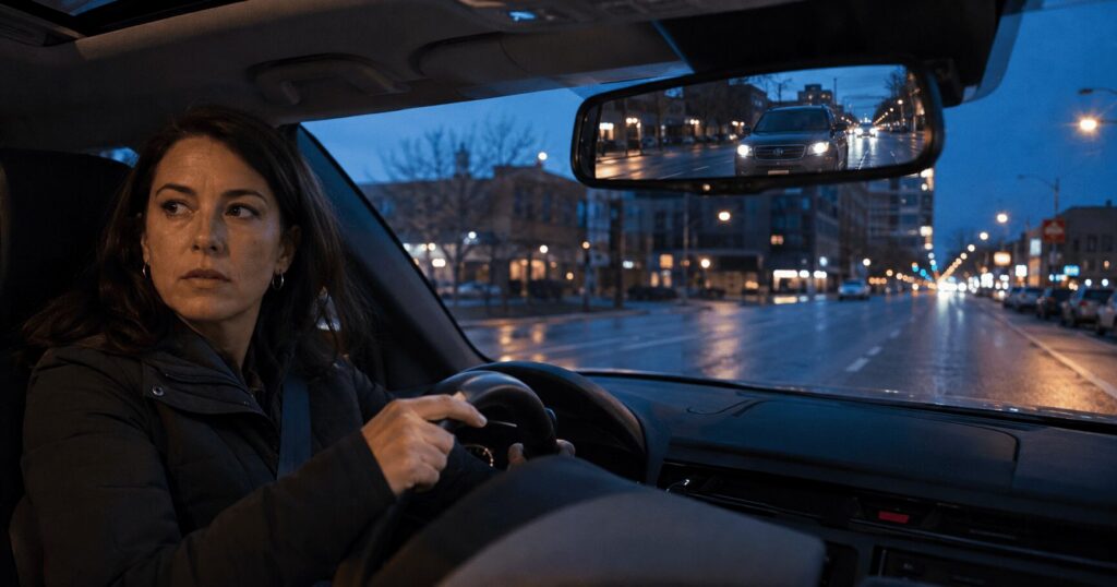 Alert woman driving at night notices a dark vehicle following her in the rear-view mirror on a wet city street.