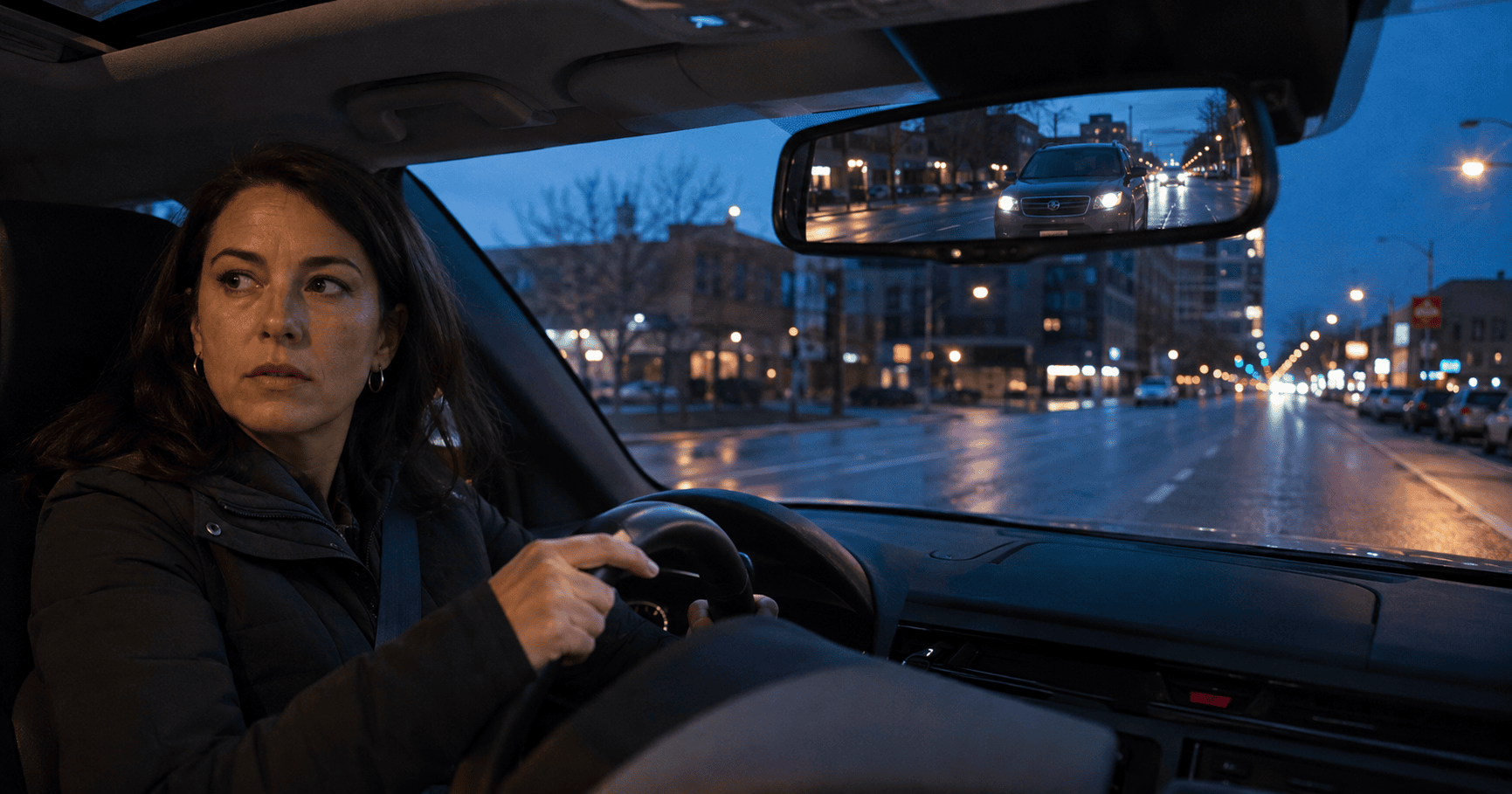 Alert woman driving at night notices a dark vehicle following her in the rear-view mirror on a wet city street.