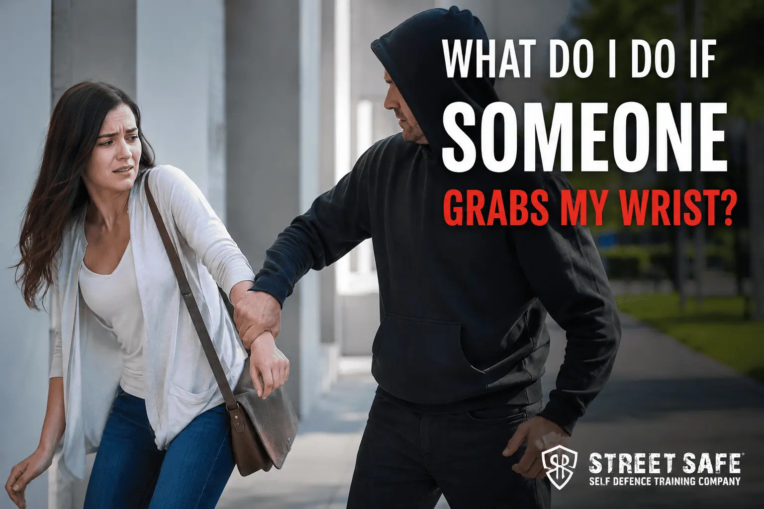 Woman pulling away as a man grabs her wrist during a personal safety situation