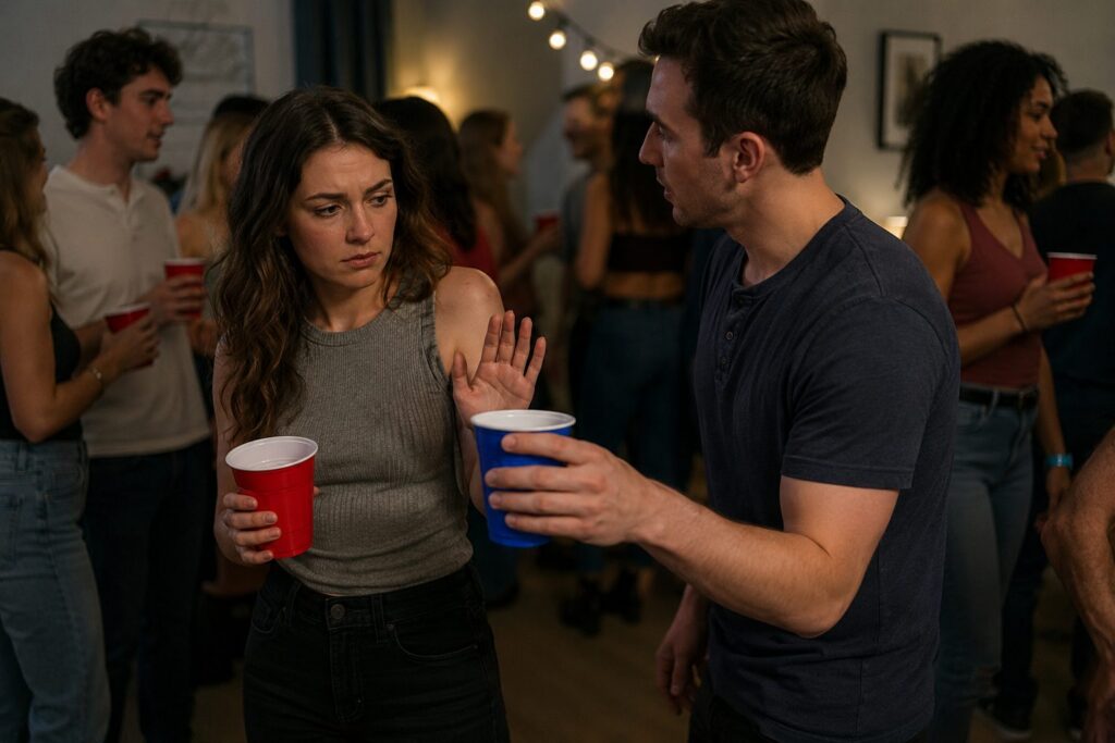 Woman refusing a drink from a man who continues offering alcohol at a crowded house party, illustrating boundary testing, alcohol safety and situational awareness.