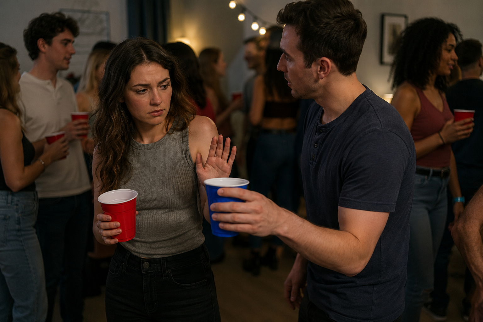 Woman refusing a drink from a man who continues offering alcohol at a crowded house party, illustrating boundary testing, alcohol safety and situational awareness.