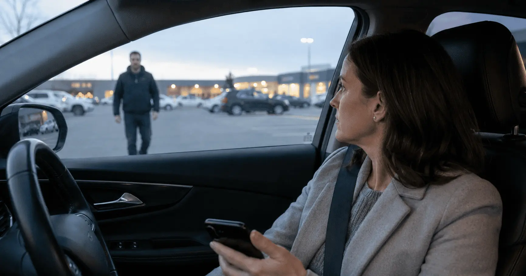 Woman staying alert when someone approaches her car