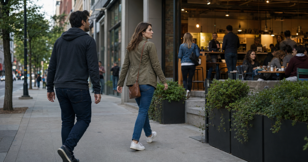 Woman creating distance from a persistent stranger while moving toward a staffed public place