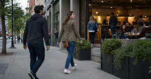 Woman creating distance from a persistent stranger while moving toward a staffed public place