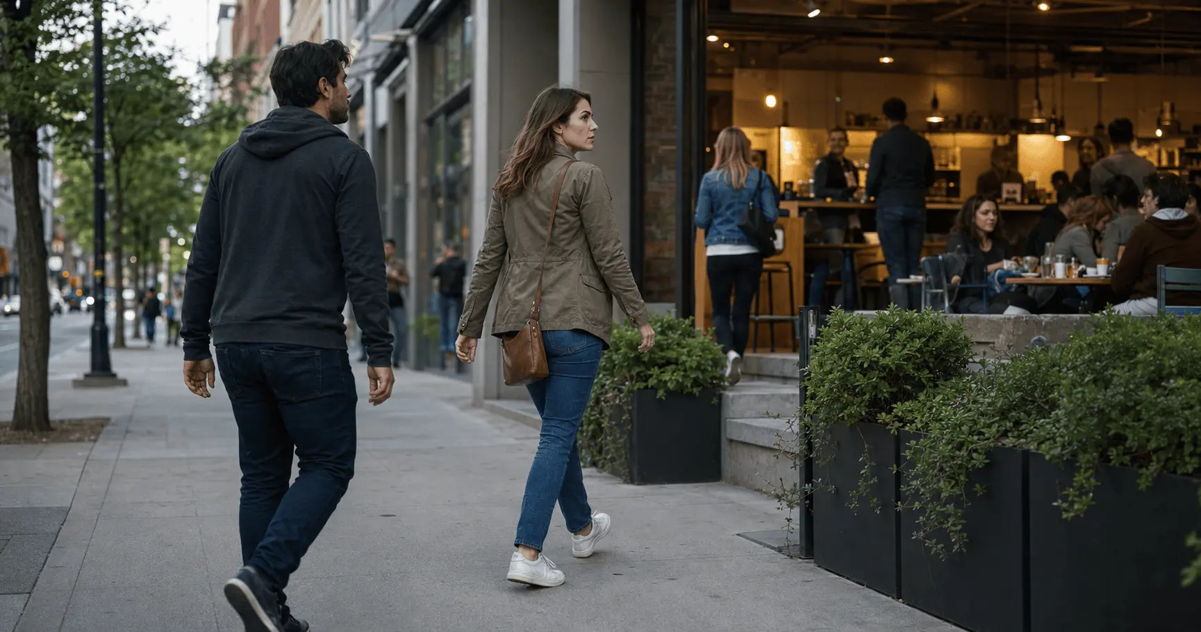 Woman creating distance from a persistent stranger while moving toward a staffed public place