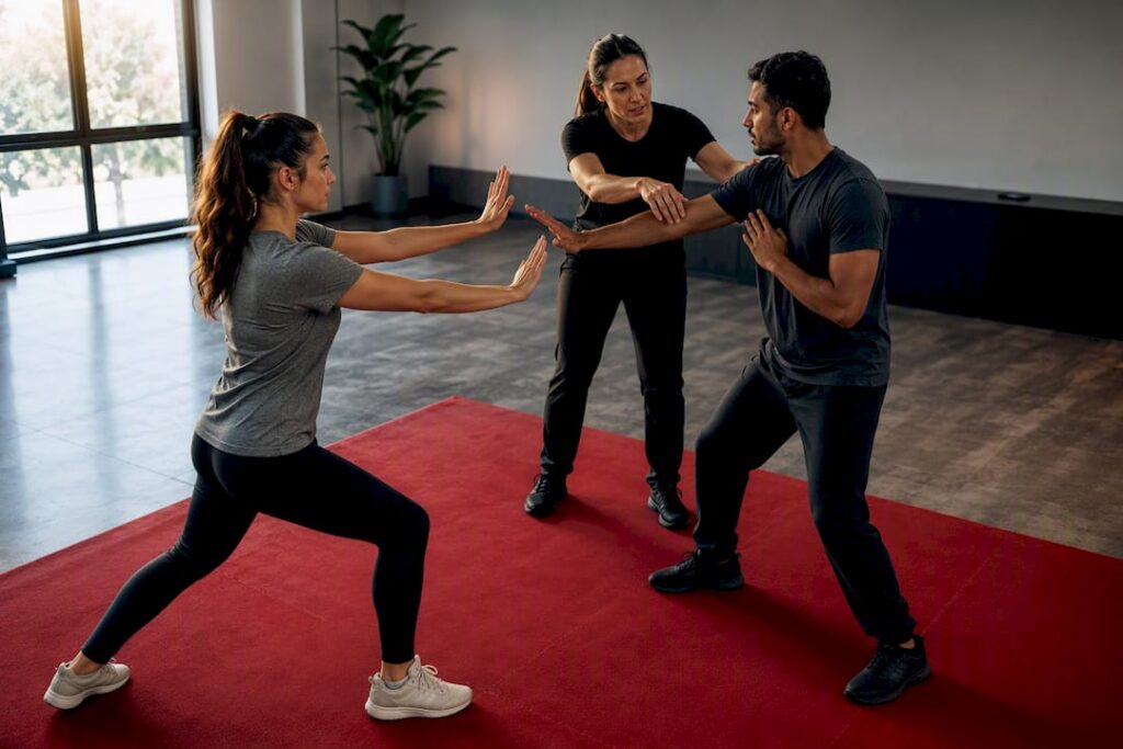 Instructor coaching workplace self-defence training