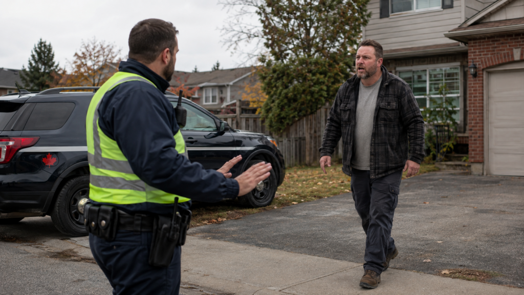 Canadian By-Law Officer maintaining distance from an aggressive property owner during a tense municipal enforcement contact. By-Law Officer Safety Training