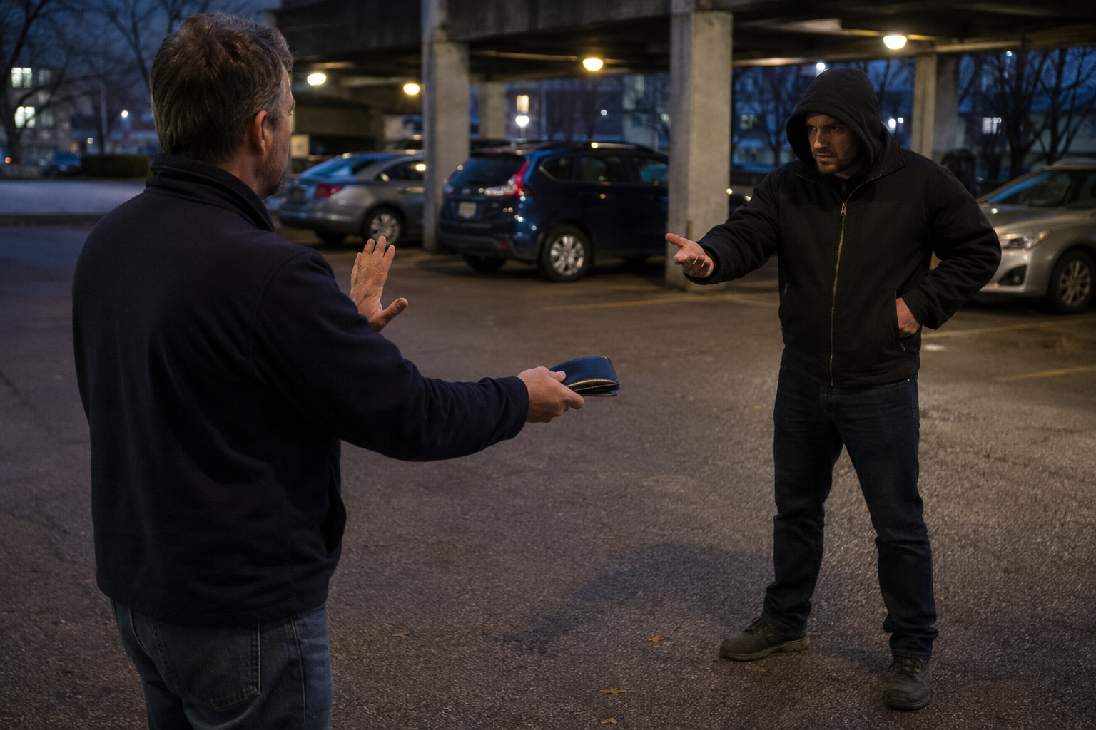 Man keeps one hand visible while surrendering his wallet to a resource predator during a robbery in a parking garage.